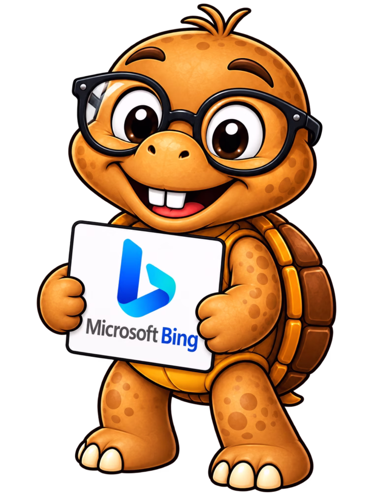 Tater Tot turtle mascot on a transparent background holding a Microsoft Bing logo sign.