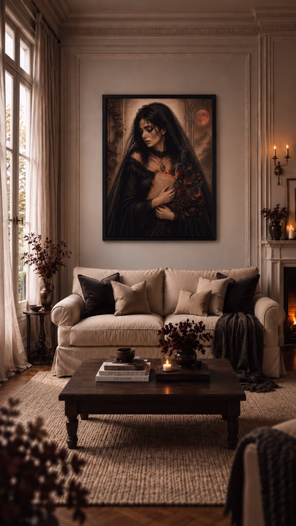 Kittl AI Video Tutorial Wall Art Mock-up Example showing a haunted woman portrait in a living room setting.