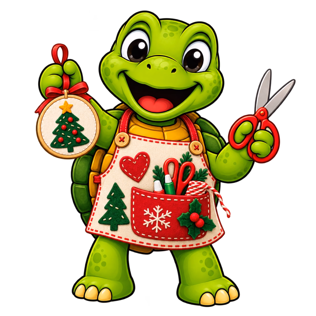 heldon the green turtle mascot wearing a festive craft apron, holding red scissors and a handmade Christmas ornament to represent Etsy’s Craftmas trend