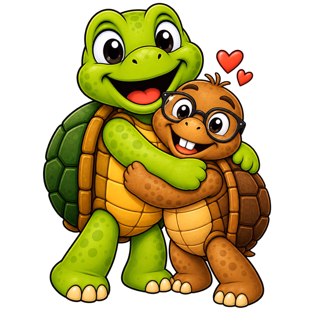 Sheldon the green turtle mascot hugging Tater Tot, the brown turtle mascot with glasses, with small red hearts above them on a transparent background to represent Etsy’s Family Reimagined trend.