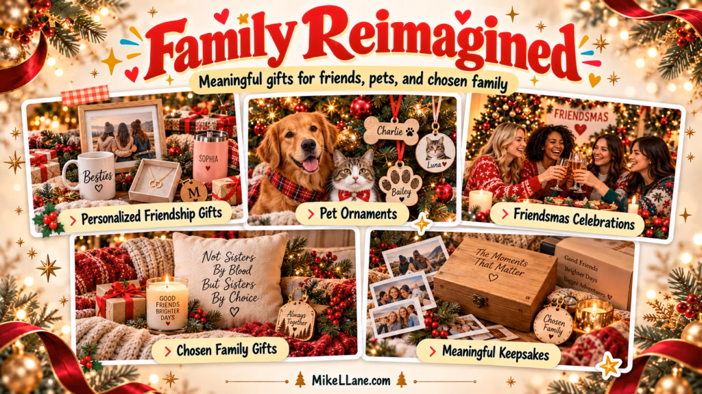 Family Reimagined holiday trend collage featuring personalized friendship gifts, pet ornaments, Friendsmas celebrations, chosen family gifts, and meaningful keepsakes.