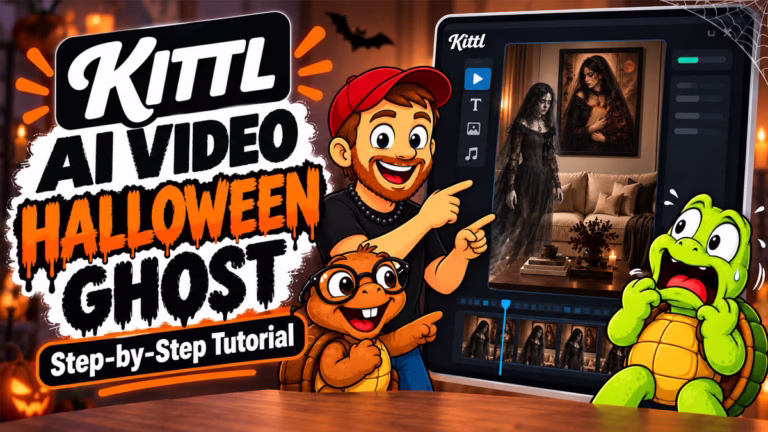 Kittl AI video tutorial with Mike, Tater, and Sheldon reacting to a spooky Halloween ghost scene on screen