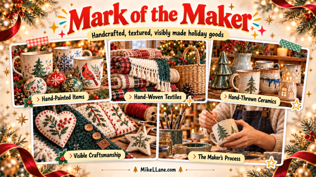 Mark of the Maker collage showing hand-painted pottery, hand-woven textiles, hand-thrown ceramics, visible stitching, and a maker painting a mug, part of the Etsy Trends 2026 report