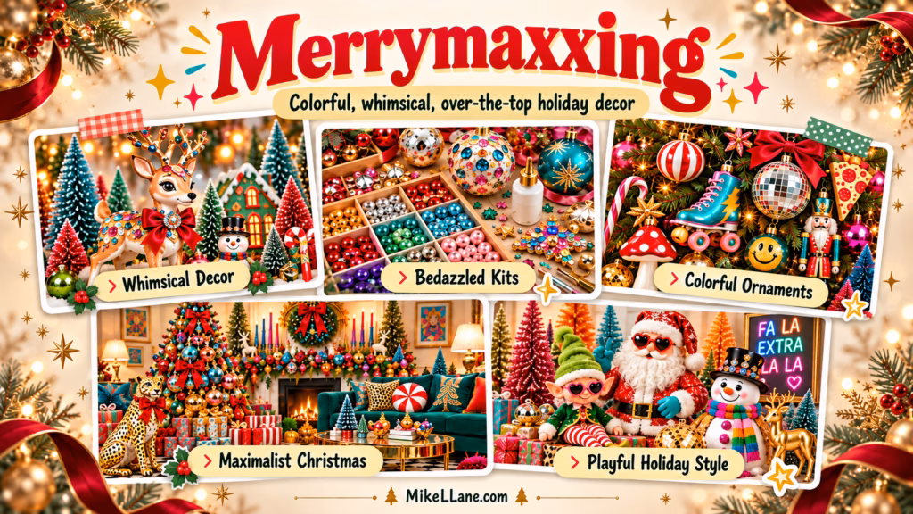 Colorful Merrymaxxing holiday trend collage featuring whimsical Christmas decor, bedazzled kits, novelty ornaments, maximalist decorations, and playful holiday characters. Etsy Trends 2026 report