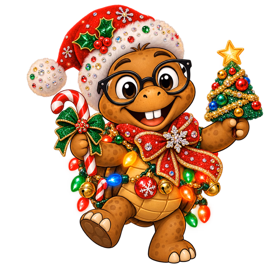 Tater Tot wearing an over-the-top Merrymaxxing Christmas outfit with a rhinestone Santa hat, oversized bow, colorful lights, ornaments, and a candy cane, part of the Etsy Trends 2026 report