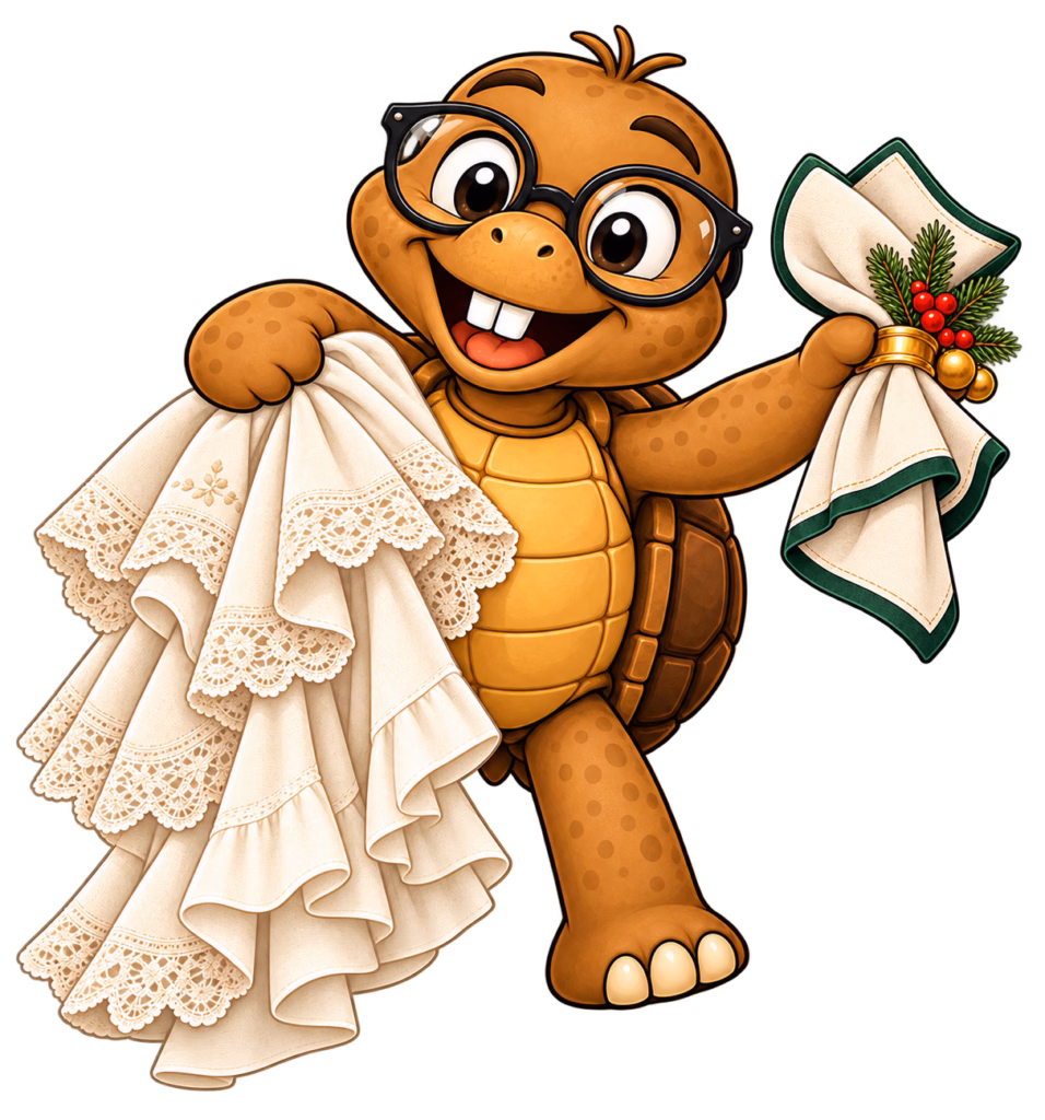 Tater Tot holding a stack of ruffled lace table linens and a decorated holiday napkin to represent Etsy’s Table Dressing trend on a transparent background.