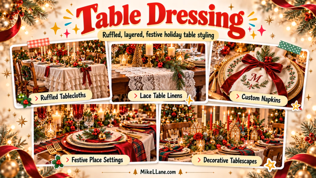 Table Dressing holiday trend collage featuring ruffled tablecloths, lace table linens, custom napkins, festive place settings, and decorative Christmas tablescapes.