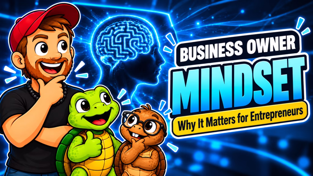 Cartoon image of Mike, Sheldon, and Tater Tot beside a glowing blue head silhouette with a maze-like brain and the text Business Owner Mindset: Why It Matters for Entrepreneurs.