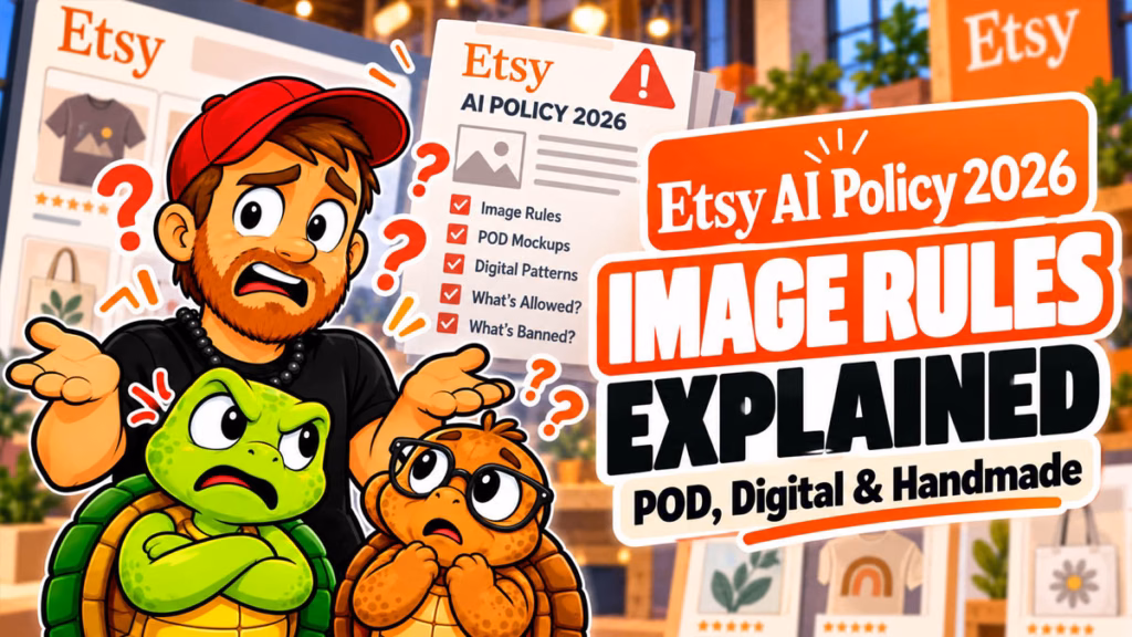 Cartoon Mike looks confused, Sheldon the turtle looks angry, and Tater looks worried about Etsy AI Policy 2026 image rules for POD, digital, and handmade sellers.