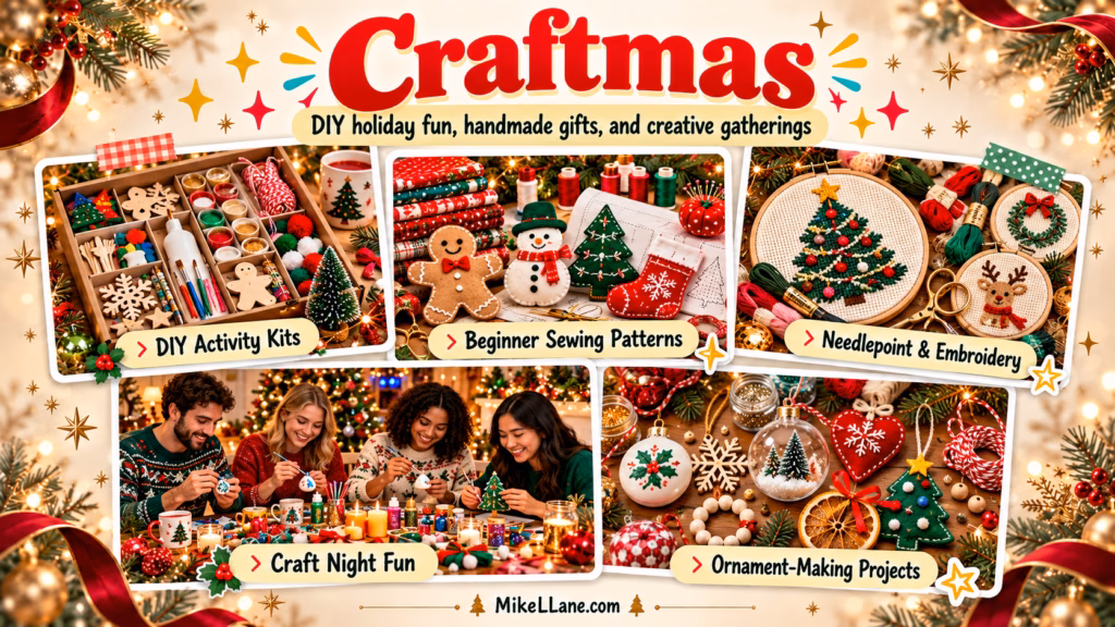 Craftmas holiday trend collage showing DIY Christmas craft kits, beginner sewing patterns, needlepoint embroidery, friends crafting together, and handmade ornaments.