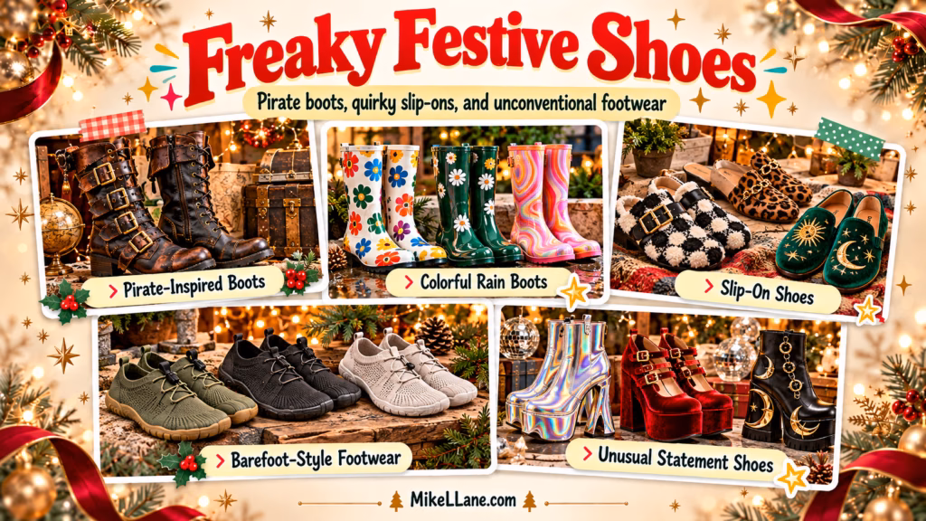 Freaky Festive Shoes trend collage featuring pirate-inspired buckle boots, colorful rain boots, slip-on shoes, barefoot-style footwear, and unusual statement shoes.