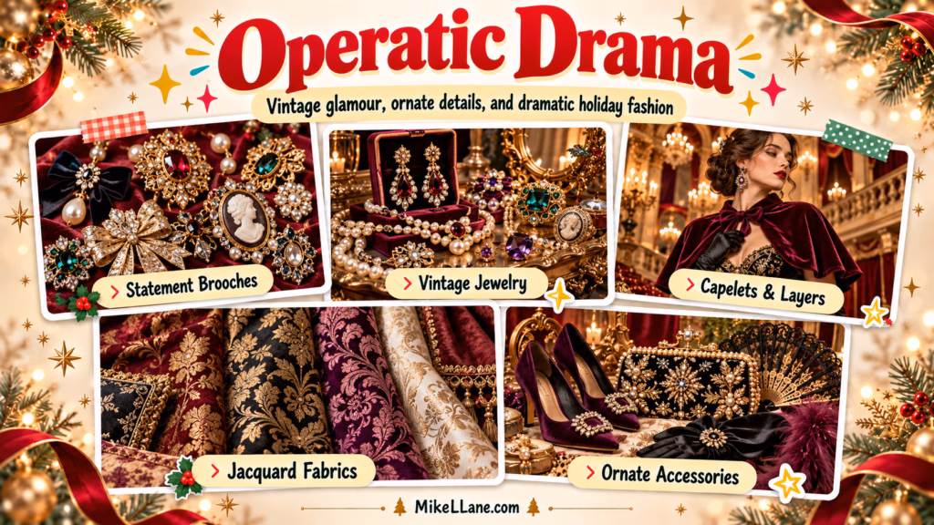 Operatic Drama trend collage showing statement brooches, vintage jewelry, velvet capelets, patterned jacquard fabrics, and ornate fashion accessories.