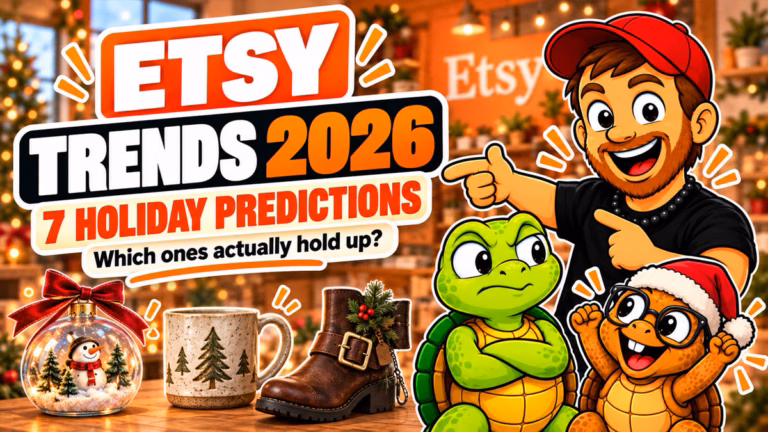 Etsy Trends 2026 showing Mike mascot, Sheldon, and Tater beside the text “Etsy Trends 2026 7 Holiday Predictions” with holiday trend examples including an ornament, mug, and pirate boot.