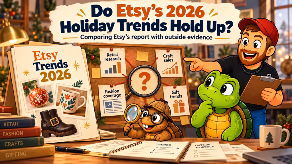 Mike, Sheldon, and Tater Tot investigating Etsy's 2026 holiday trends using an evidence board featuring retail research, craft sales, fashion coverage, and gifting trends.