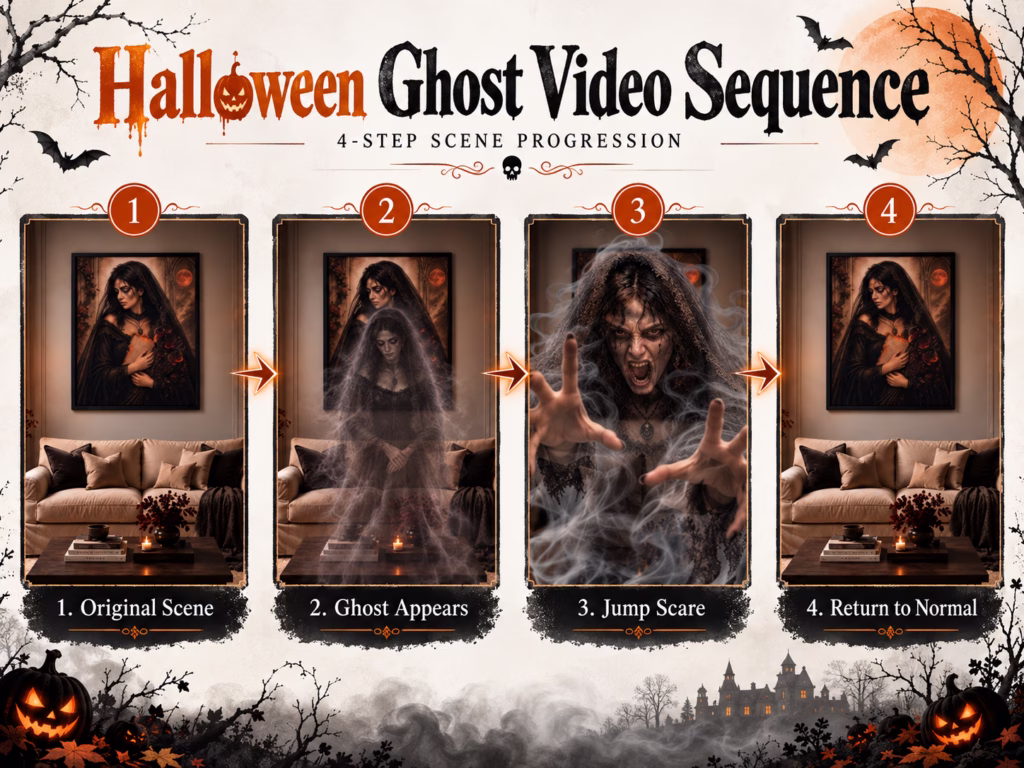 Halloween ghost AI video sequence infographic showing the original room, ghost appearance, jump scare, and return to normal