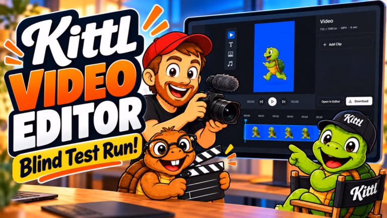 Kittl Video Editor blind test run featuring Mike with a camera, Tater holding a clapperboard, and Sheldon in a director's chair beside the video editing interface.