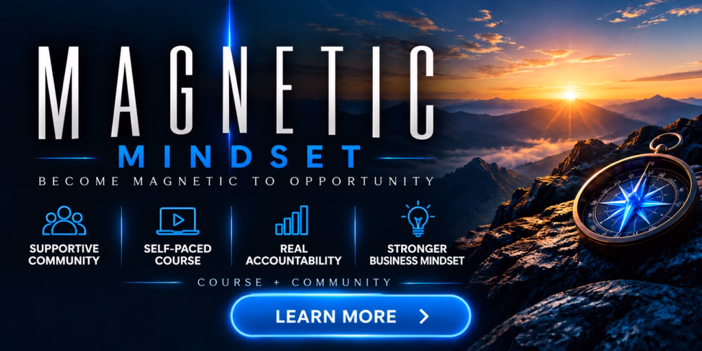 Magnetic Mindset community banner highlighting supportive community, clarity and focus, accountability, and a stronger business owner mindset.