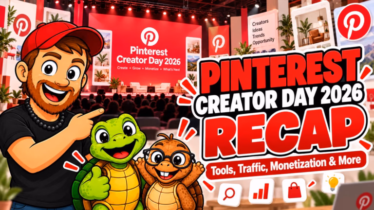 Pinterest Creator Day 2026 recap featuring Mike, Sheldon, and Tater alongside Pinterest branding, highlighting creator tools, website traffic, and monetization opportunities.
