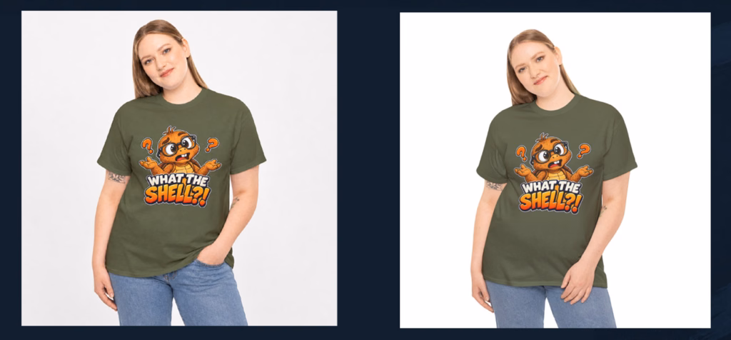 Side-by-side comparison of an AI-generated model and an authorized Printify POD mockup wearing the same green What the Shell T-shirt, showing subtle differences in appearance and pose. This questions rules in the Etsy AI Policy 2026 release.