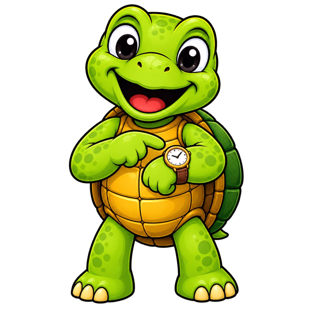 Sheldon the turtle mascot pointing to a wristwatch to show that the TPT Exclusive Seller deadline is approaching
