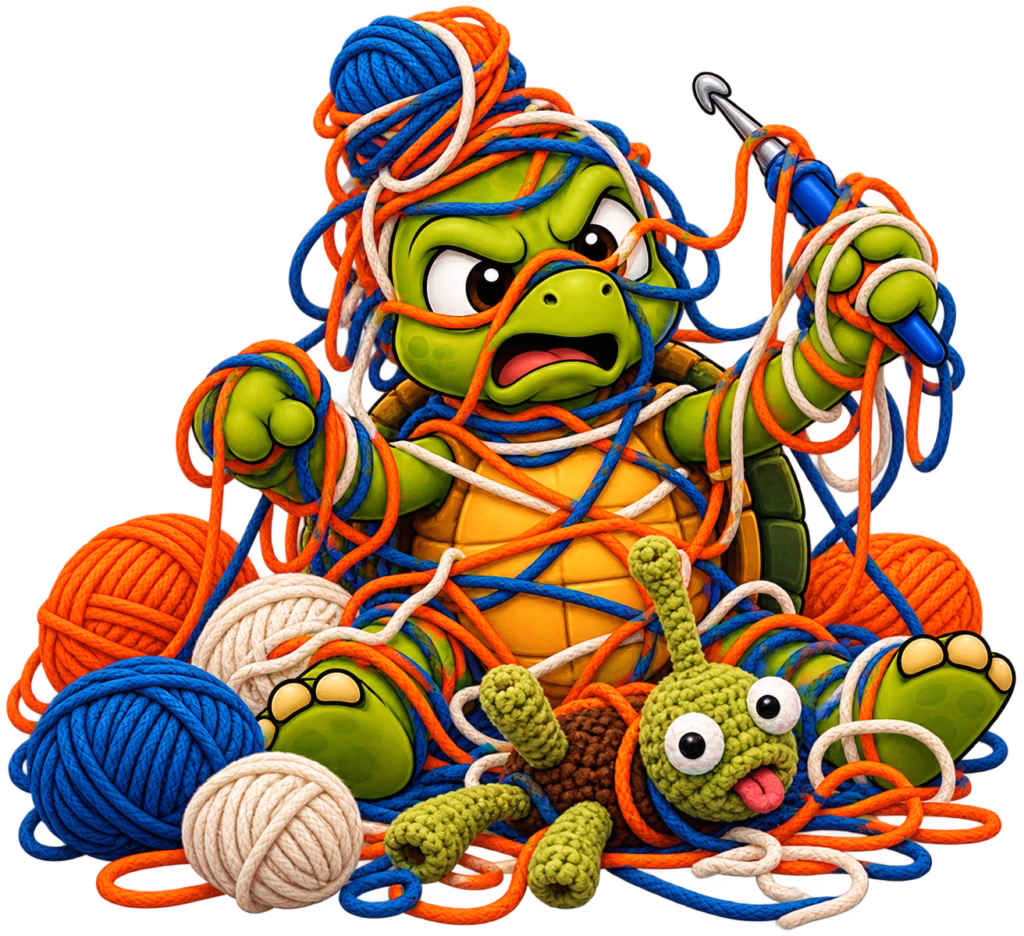 Sheldon the green turtle tangled in colorful yarn while holding a crochet hook, surrounded by a failed crocheted turtle with mismatched body parts.