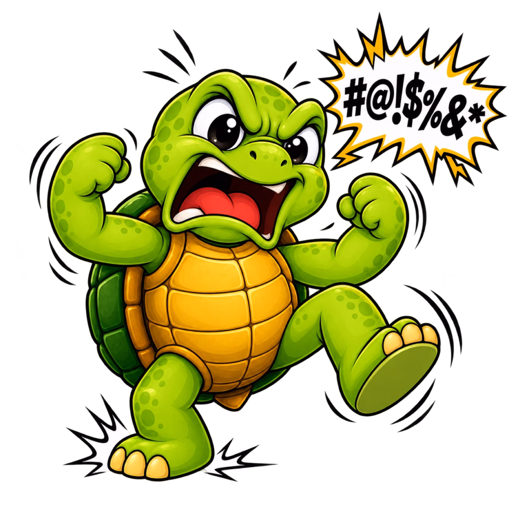 Sheldon the green turtle throws an angry tantrum, stomping his foot and waving his fists while shouting cartoon curse symbols in frustration over Etsy's AI image policies.
