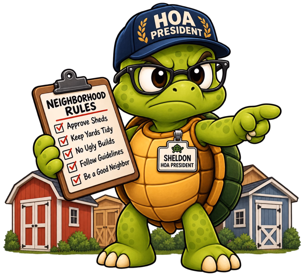 Sheldon the green turtle looks stern as an HOA president, holding a neighborhood rules clipboard and pointing at a collection of backyard sheds.