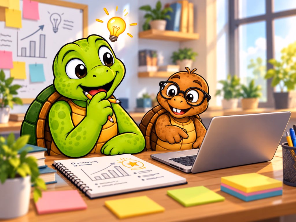 Sheldon and Tater Tot working together at a desk with a laptop, showing how community and outside perspective can help business owners see new ideas and move forward.
