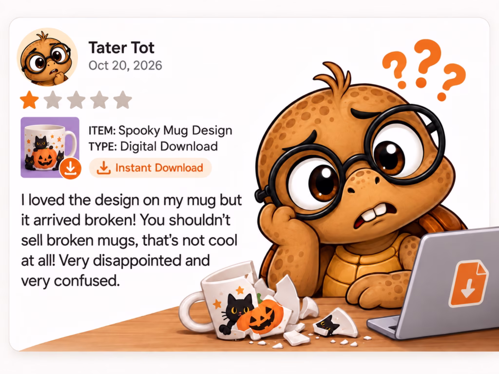Mock Etsy-style review showing Tater Tot leaving a 1-star review on a digital download mug design because his physical mug arrived broken.
