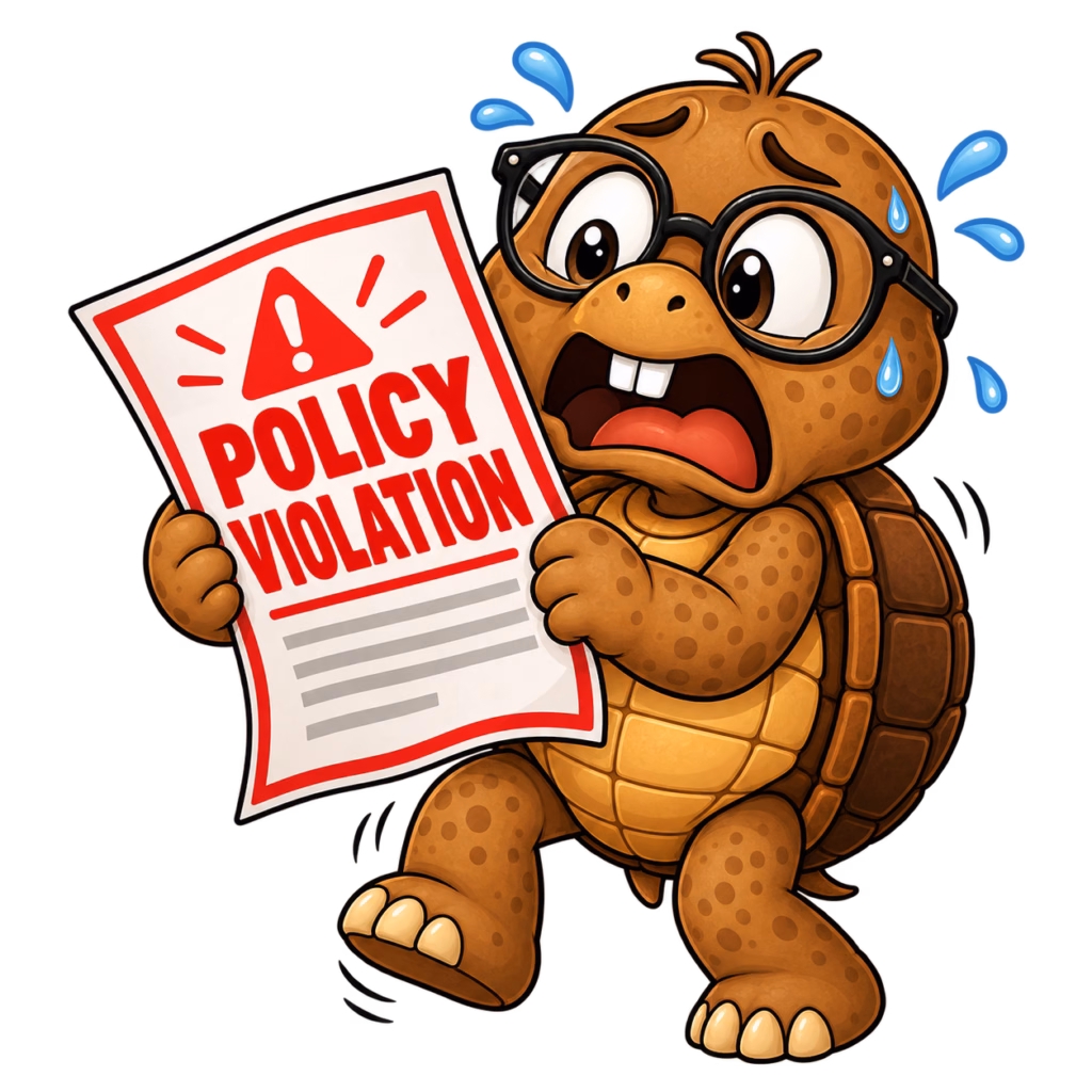 Tater Tot the turtle looks panicked while holding a large policy violation notice, illustrating Etsy listing removals and refund risks for misleading product images. Etsy AI Policy 2026