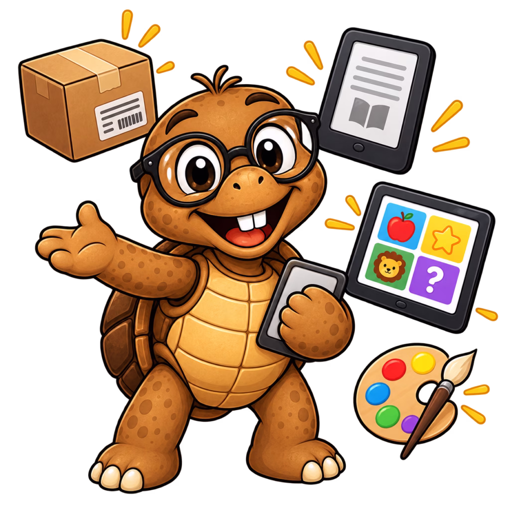 Tater Tot mascot smiling and presenting icons for products TPT Exclusive Sellers can still sell elsewhere, including a shipping box, e-reader, interactive tablet, and art palette