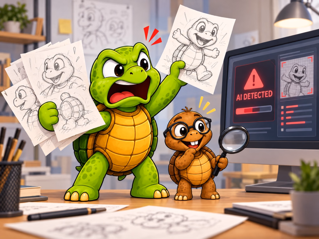 Sheldon angrily holds up hand-drawn turtle sketches while an AI detector flags his artwork, as Tater Tot stands nearby with a magnifying glass.