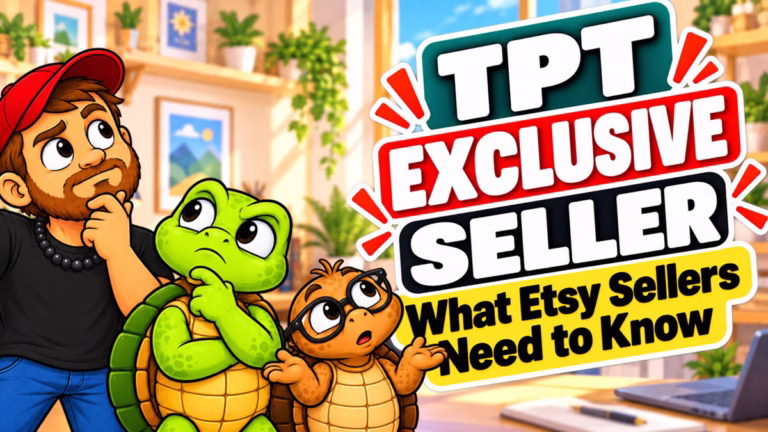 Mike, Sheldon and Tater Tot looking confused beside text reading “TPT Exclusive Seller: What Etsy Sellers Need to Know”