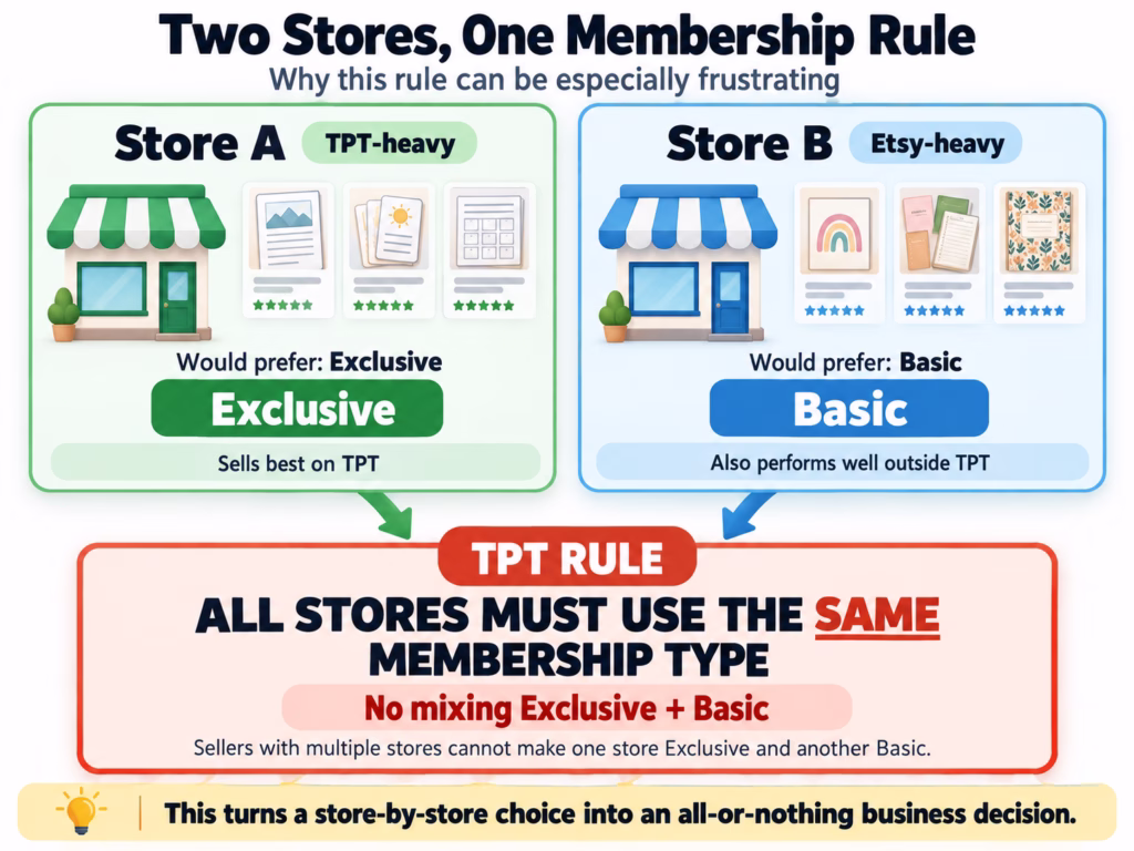 Infographic showing that sellers with multiple TPT stores must use the same membership type and cannot mix Exclusive and Basic